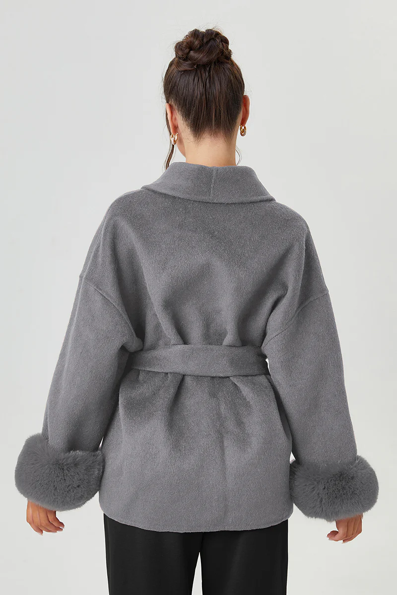 Katchme Solid Color Waist Tie Fuzzy Cuff Wrap Coat - Image 10