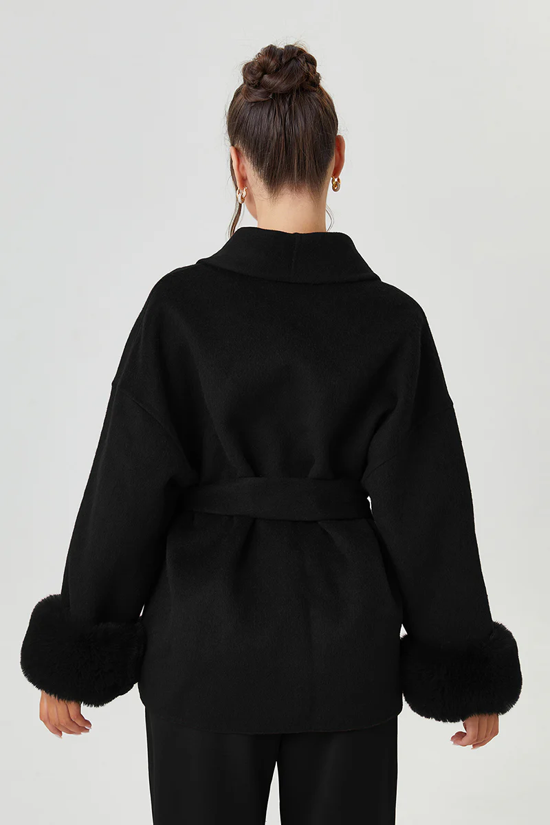 Katchme Solid Color Waist Tie Fuzzy Cuff Wrap Coat - Image 11