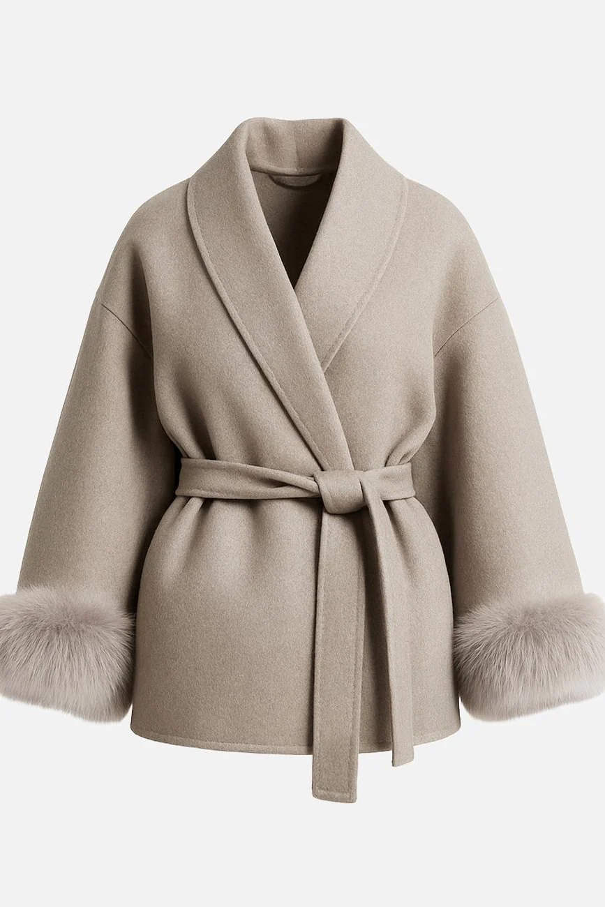 Katchme Solid Color Waist Tie Fuzzy Cuff Wrap Coat - Image 12