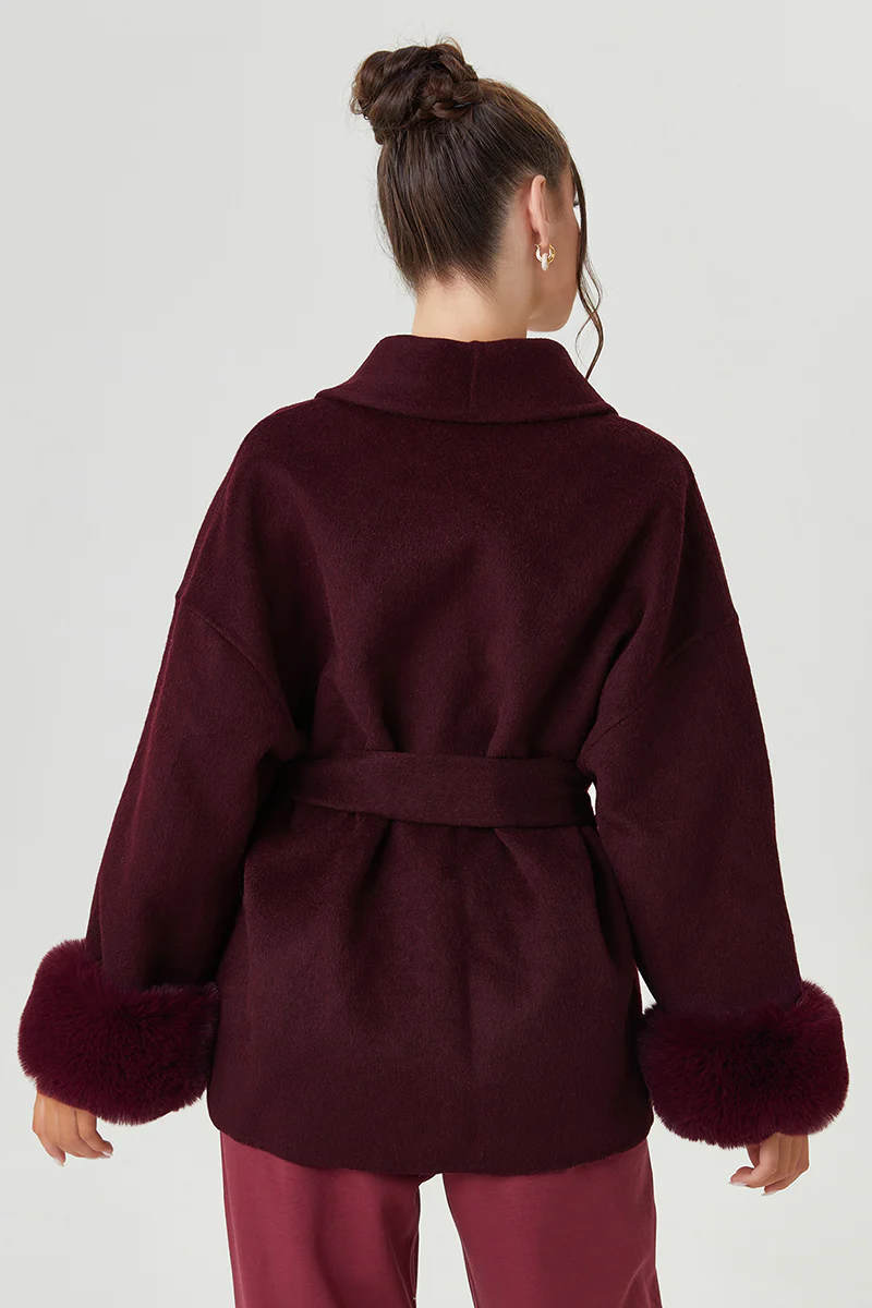 Katchme Solid Color Waist Tie Fuzzy Cuff Wrap Coat - Image 2