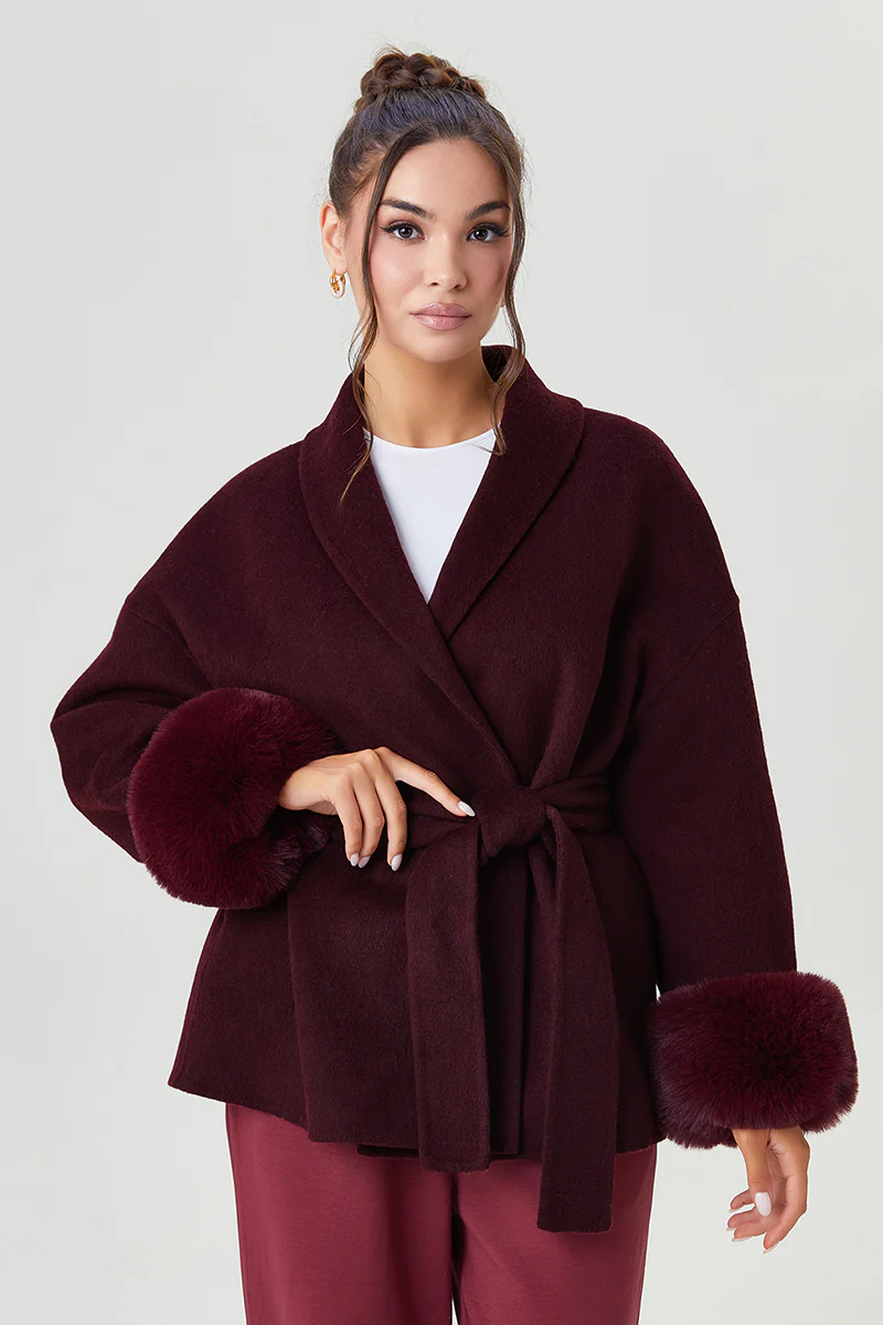Katchme Solid Color Waist Tie Fuzzy Cuff Wrap Coat - Image 3