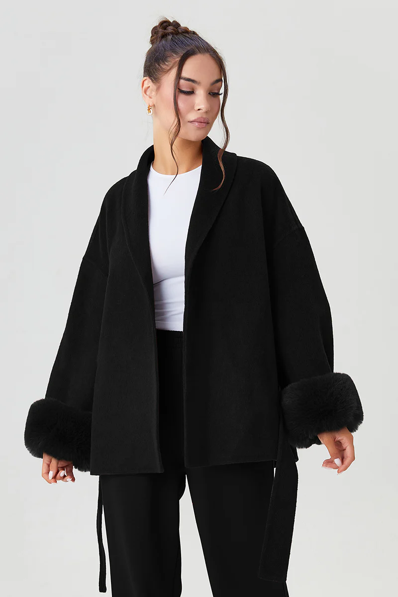 Katchme Solid Color Waist Tie Fuzzy Cuff Wrap Coat - Image 4