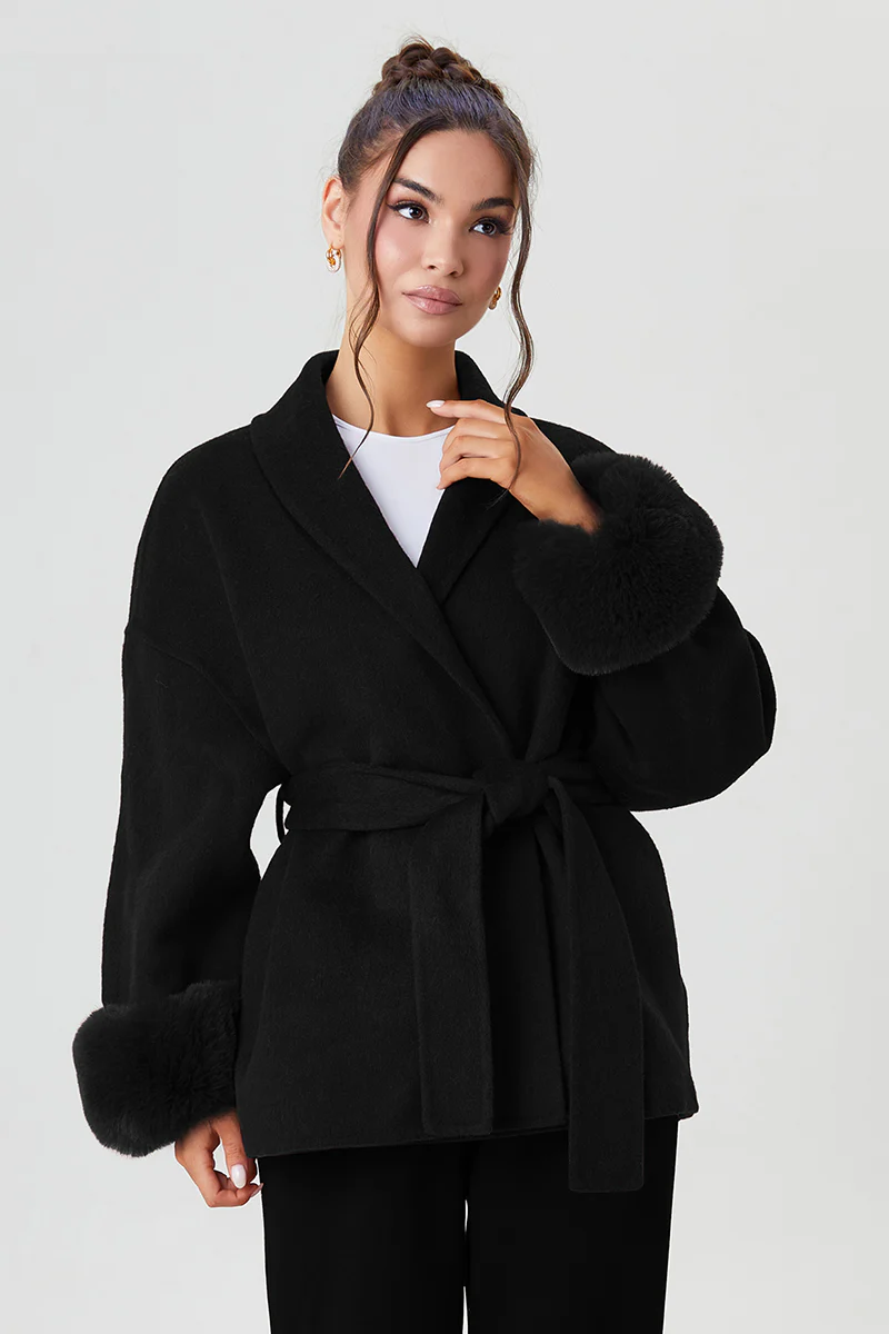 Katchme Solid Color Waist Tie Fuzzy Cuff Wrap Coat - Image 5