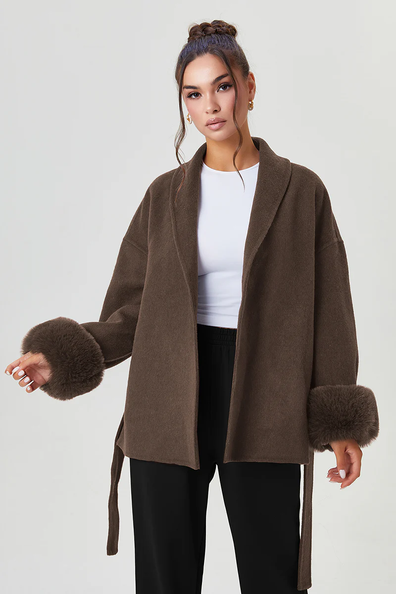 Katchme Solid Color Waist Tie Fuzzy Cuff Wrap Coat - Image 6