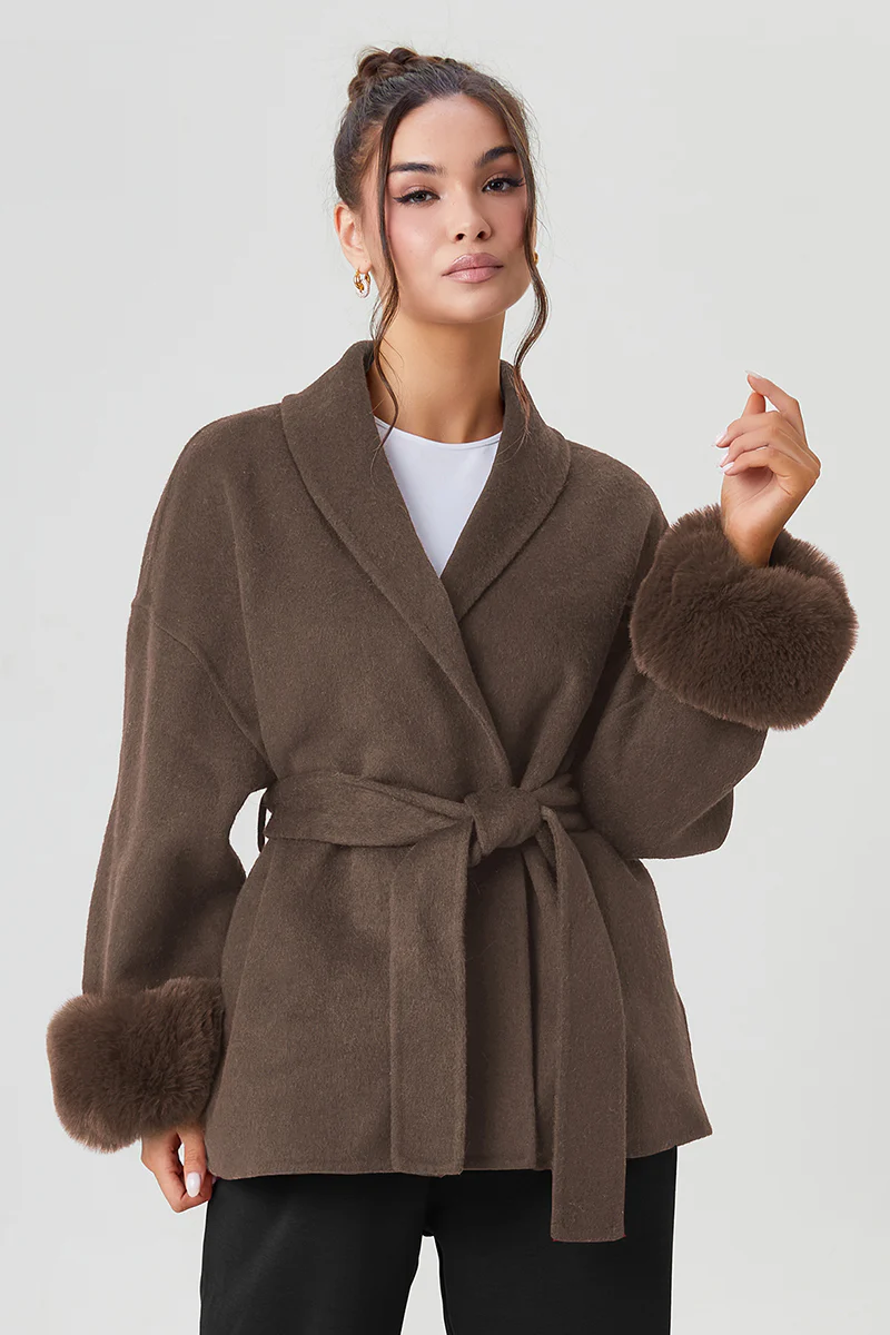 Katchme Solid Color Waist Tie Fuzzy Cuff Wrap Coat - Image 7