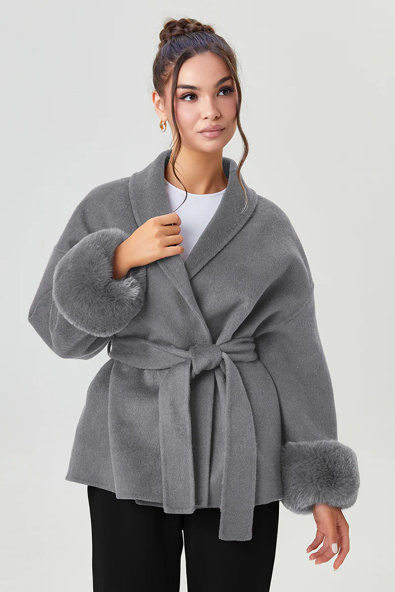 Katchme Solid Color Waist Tie Fuzzy Cuff Wrap Coat - Image 8