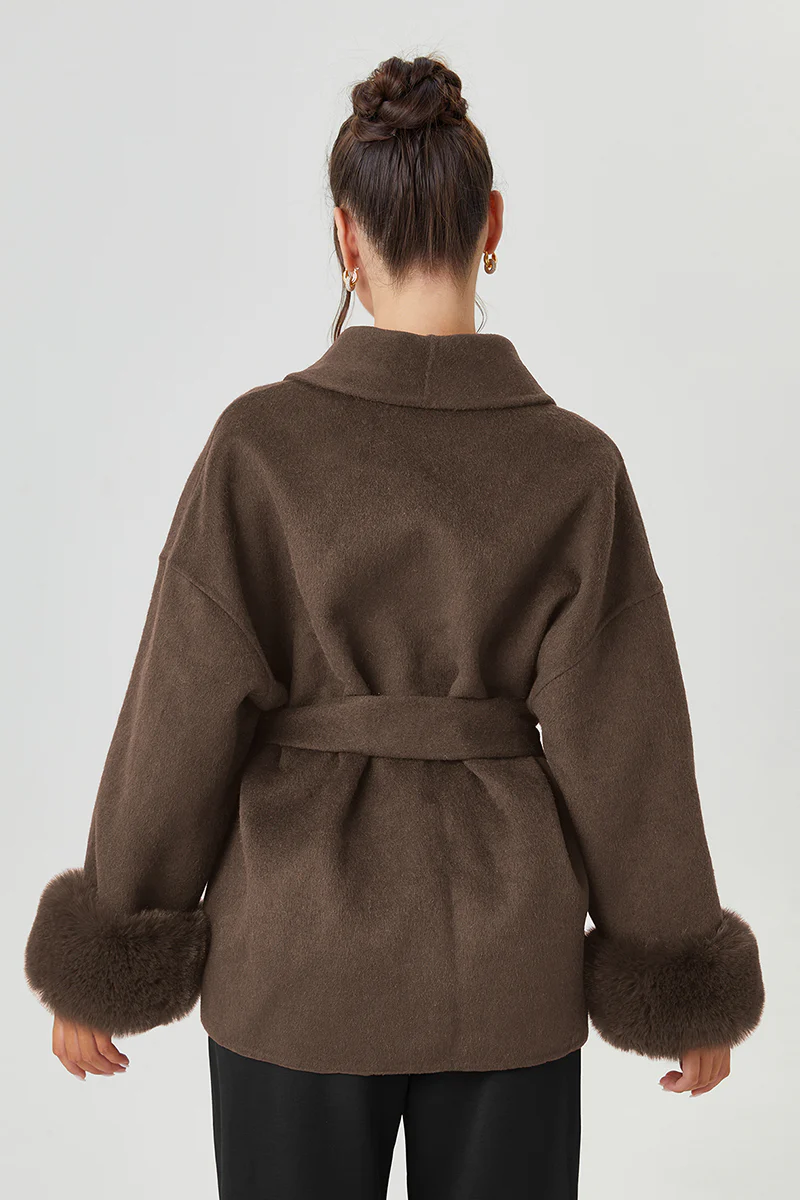 Katchme Solid Color Waist Tie Fuzzy Cuff Wrap Coat - Image 9
