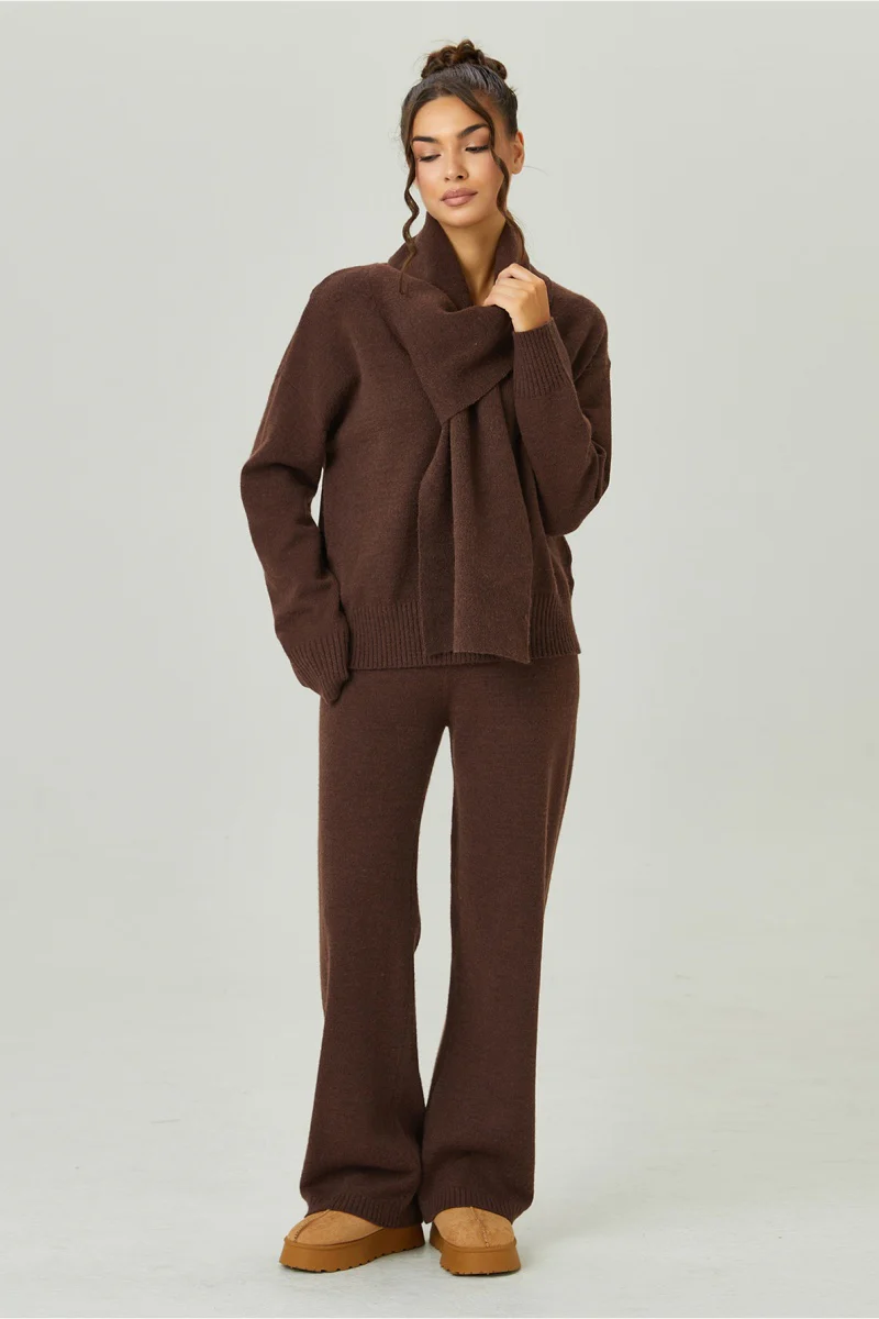 Katchme V-Neck Sweater with Scarf & Wide Leg Trousers Co-ord Set