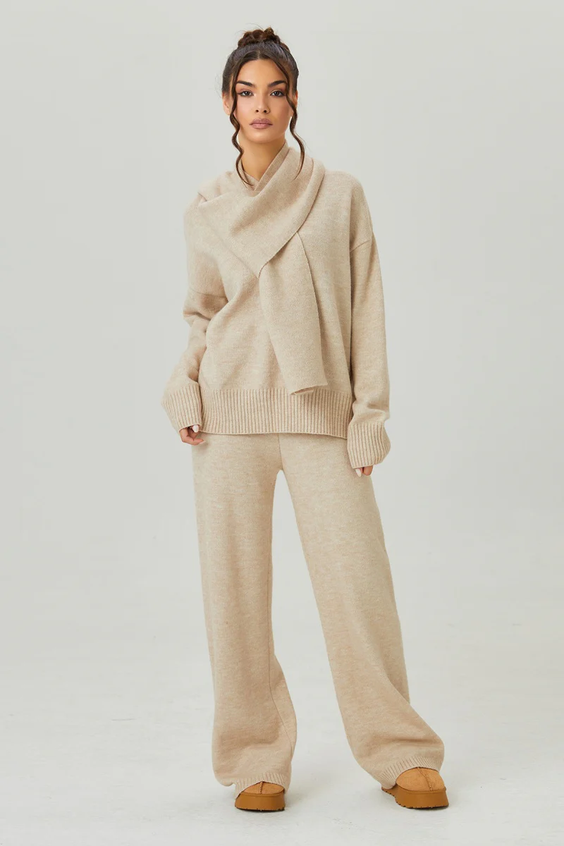 Katchme V-Neck Sweater with Scarf & Wide Leg Trousers Co-ord Set - Image 4