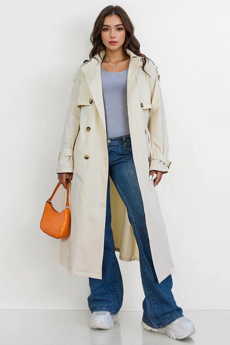 Katchme Notch Lapel Double Breasted Belt Decor Trench Coat