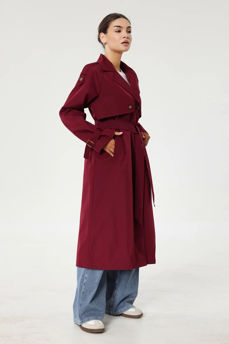 Katchme Notch Lapel Double Breasted Belt Decor Trench Coat - Image 10
