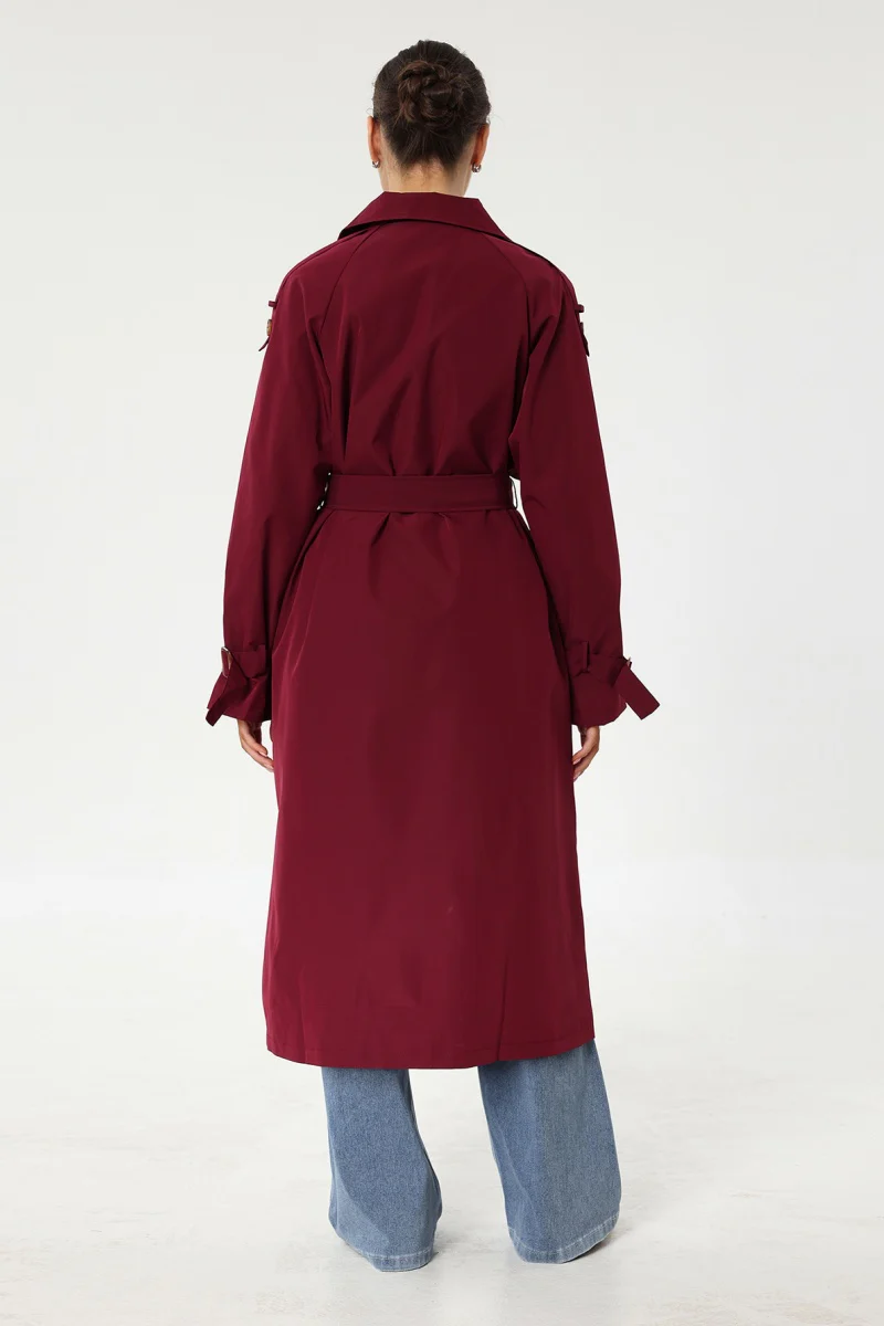 Katchme Notch Lapel Double Breasted Belt Decor Trench Coat - Image 11