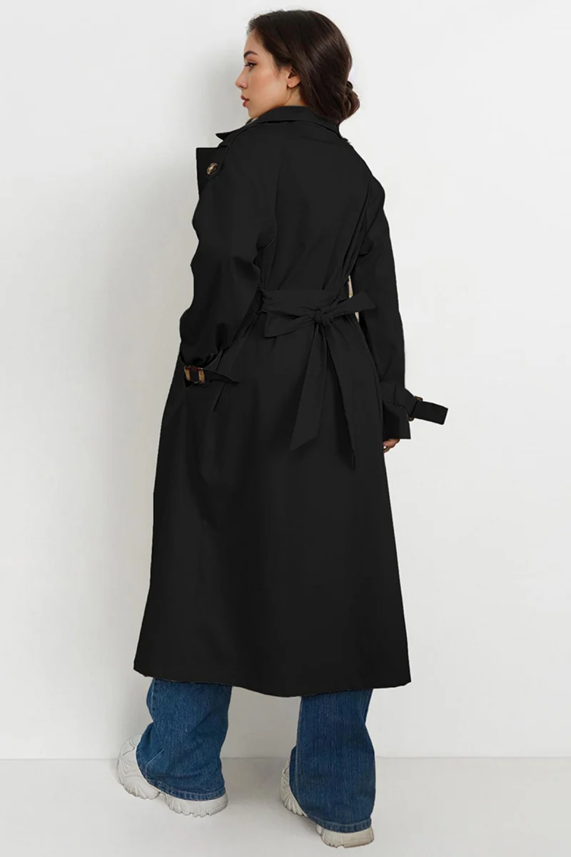 Katchme Notch Lapel Double Breasted Belt Decor Trench Coat - Image 12