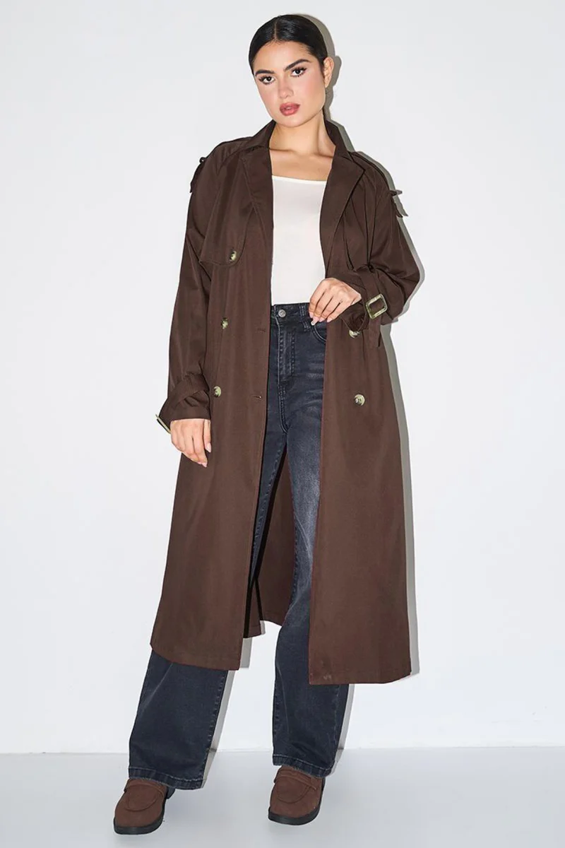 Katchme Notch Lapel Double Breasted Belt Decor Trench Coat - Image 13