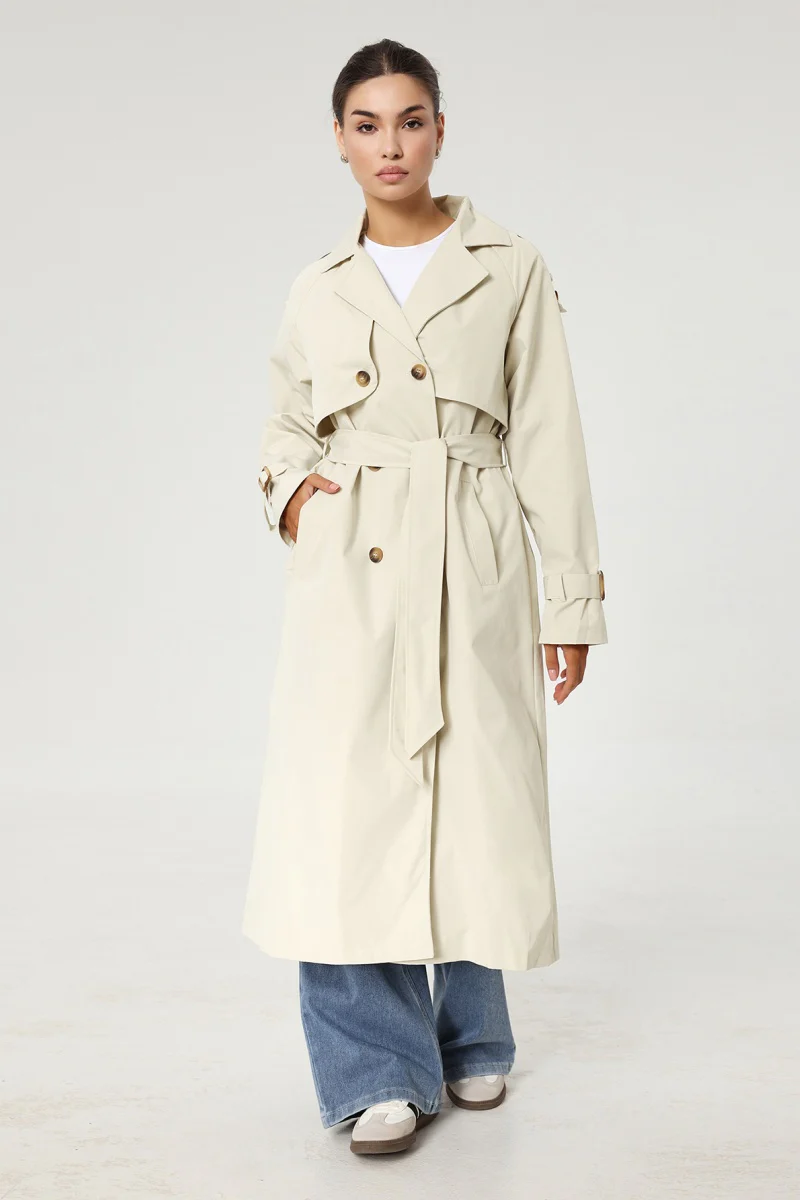 Katchme Notch Lapel Double Breasted Belt Decor Trench Coat - Image 2