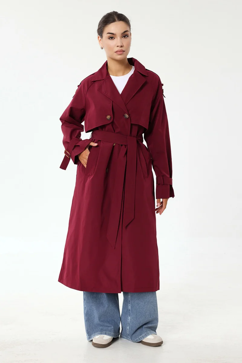 Katchme Notch Lapel Double Breasted Belt Decor Trench Coat - Image 3