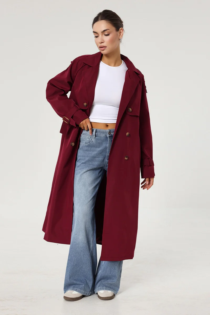 Katchme Notch Lapel Double Breasted Belt Decor Trench Coat - Image 4