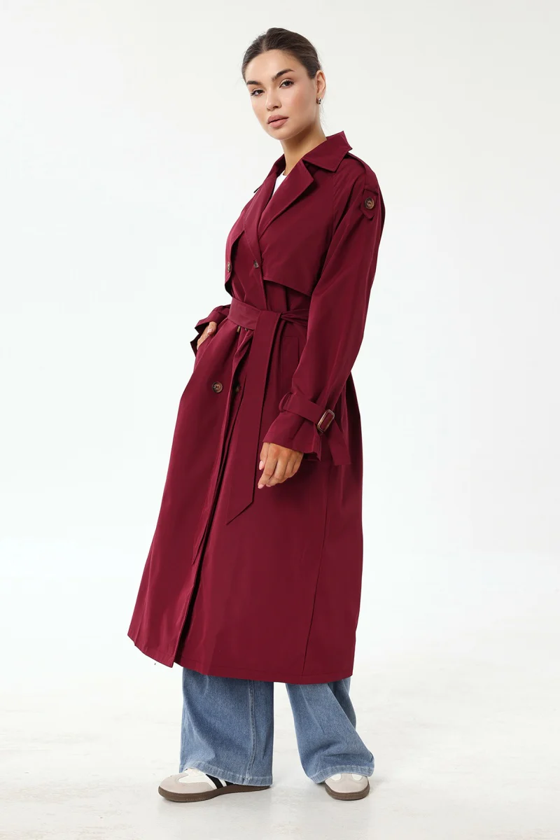 Katchme Notch Lapel Double Breasted Belt Decor Trench Coat - Image 5