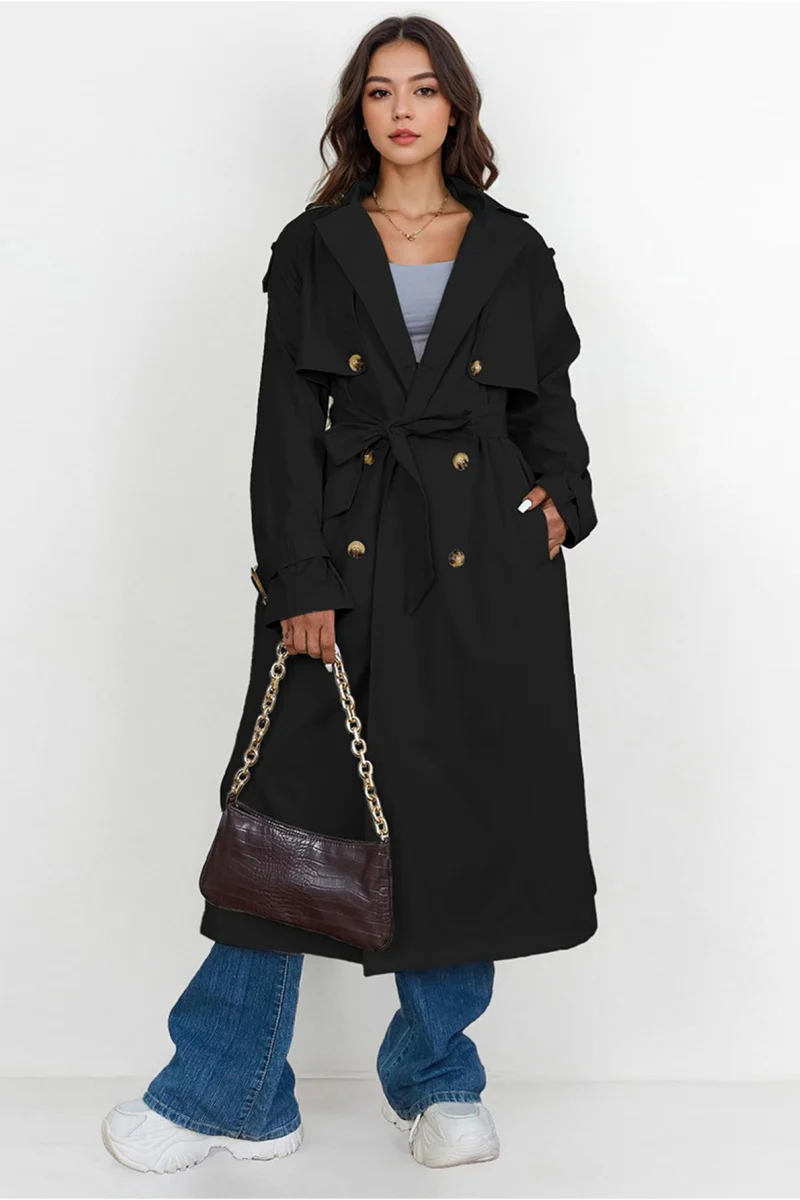 Katchme Notch Lapel Double Breasted Belt Decor Trench Coat - Image 6