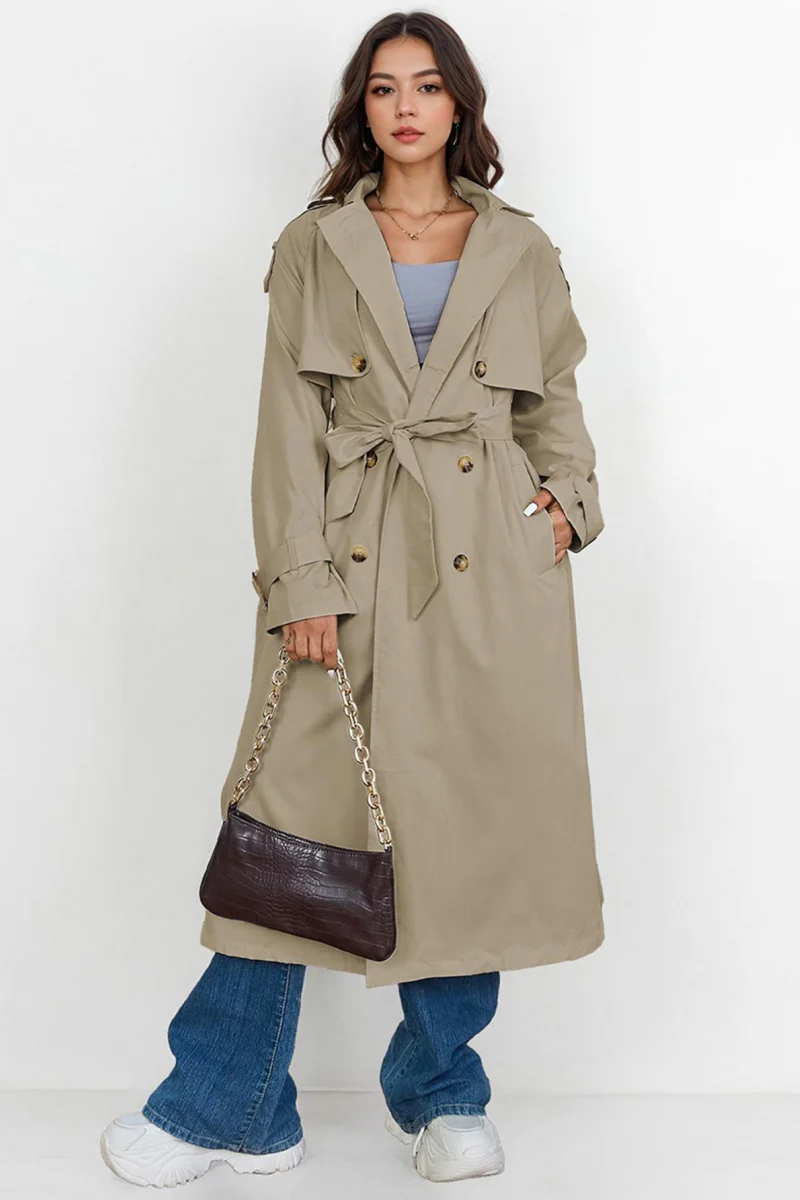 Katchme Notch Lapel Double Breasted Belt Decor Trench Coat - Image 7