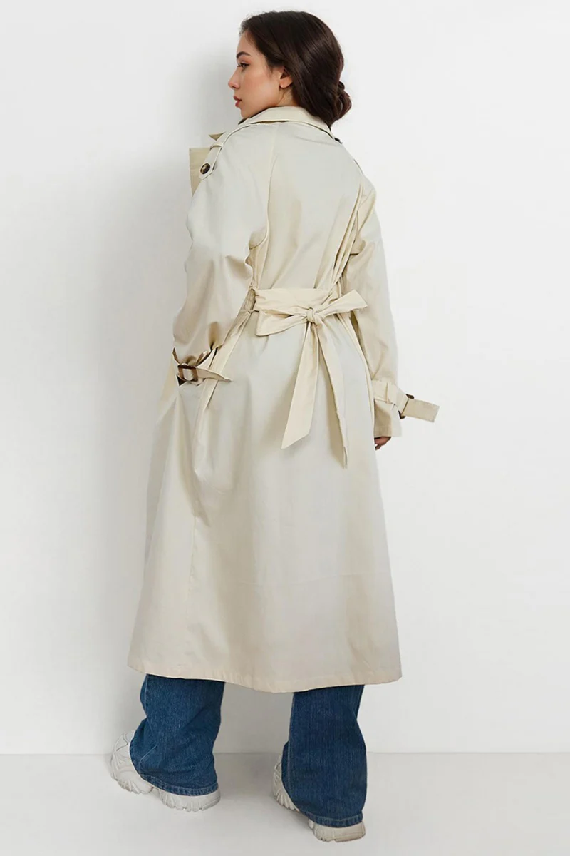 Katchme Notch Lapel Double Breasted Belt Decor Trench Coat - Image 8