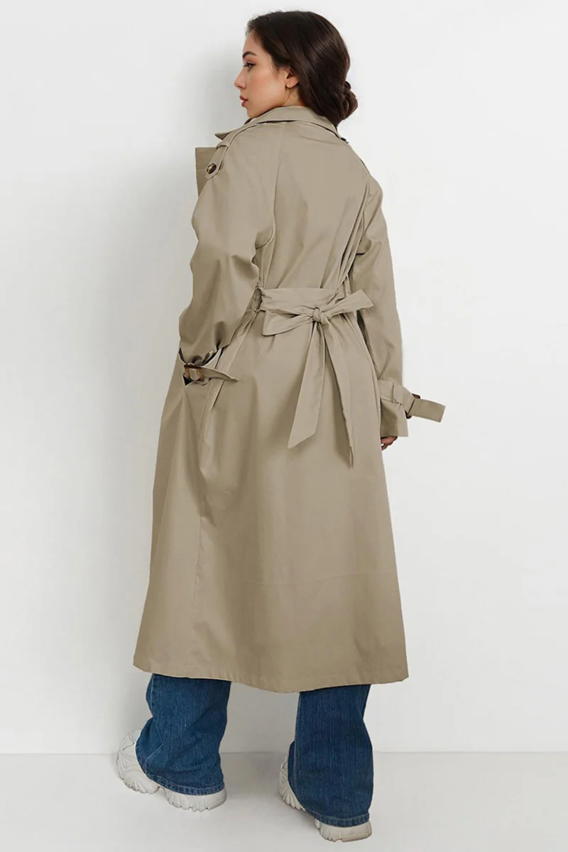 Katchme Notch Lapel Double Breasted Belt Decor Trench Coat - Image 9
