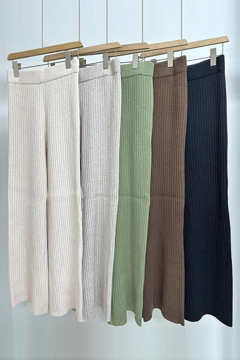 Katchme Elastic High Waist Rib Stretch Wide Leg Trousers