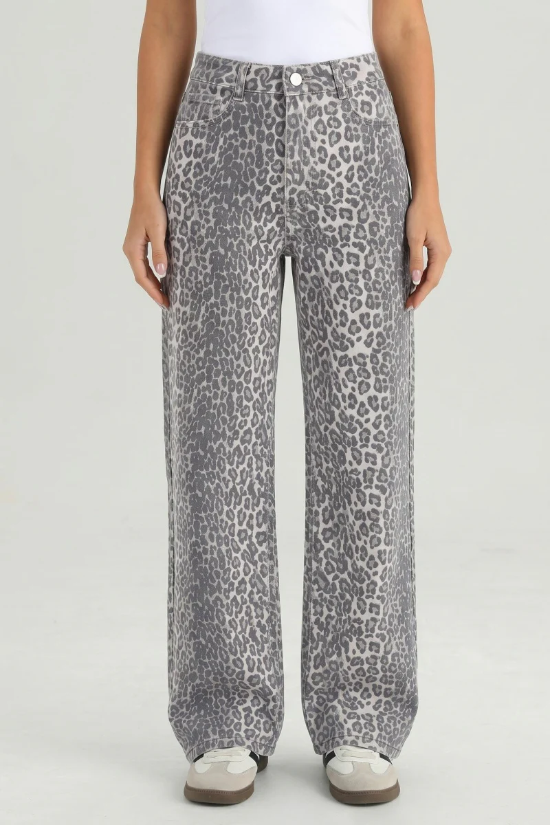 Katchme Stretchy Durable Denim Leopard Print High Waist Wide Leg Jeans