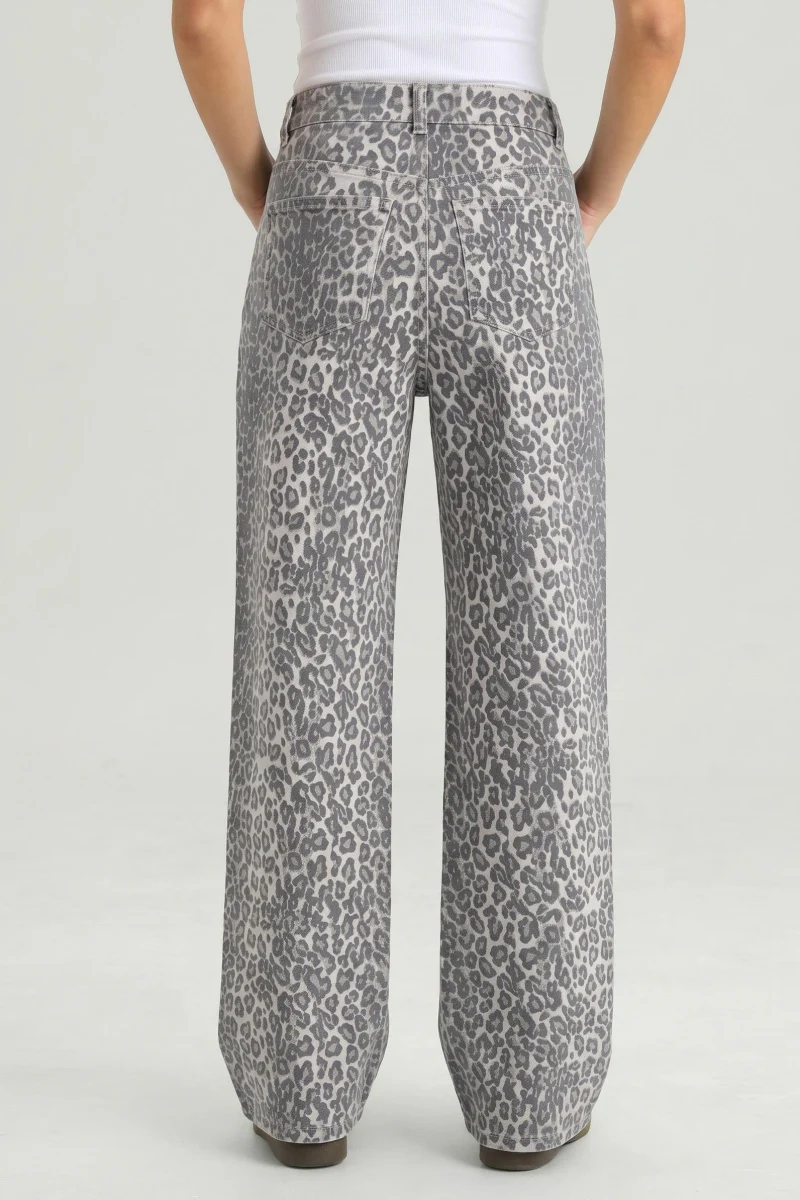 Katchme Stretchy Durable Denim Leopard Print High Waist Wide Leg Jeans - Image 2