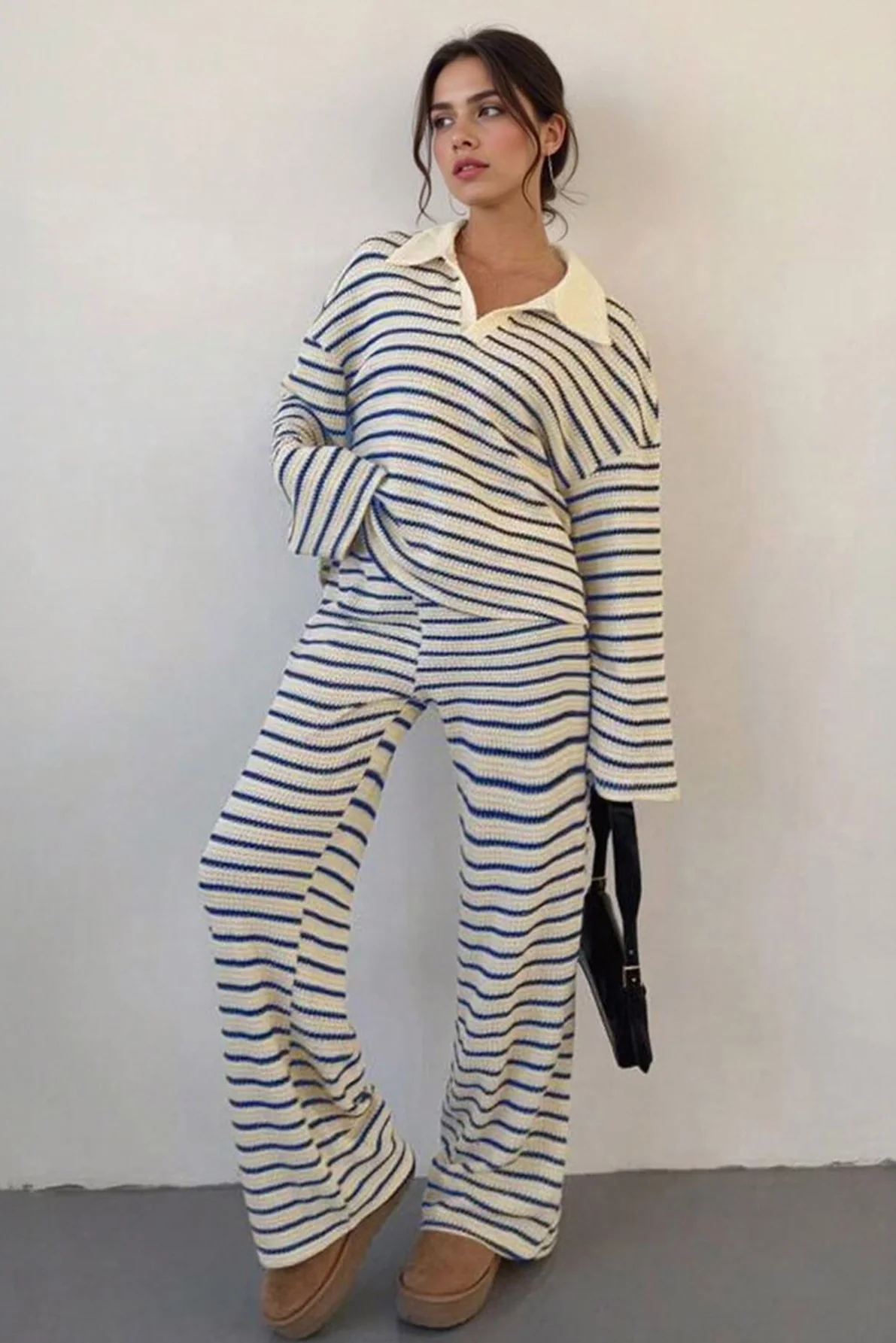 Katchme Classic V-Neck Stripe Long Sleeve Top & Wide Leg Trousers Co-ord Set - Image 10