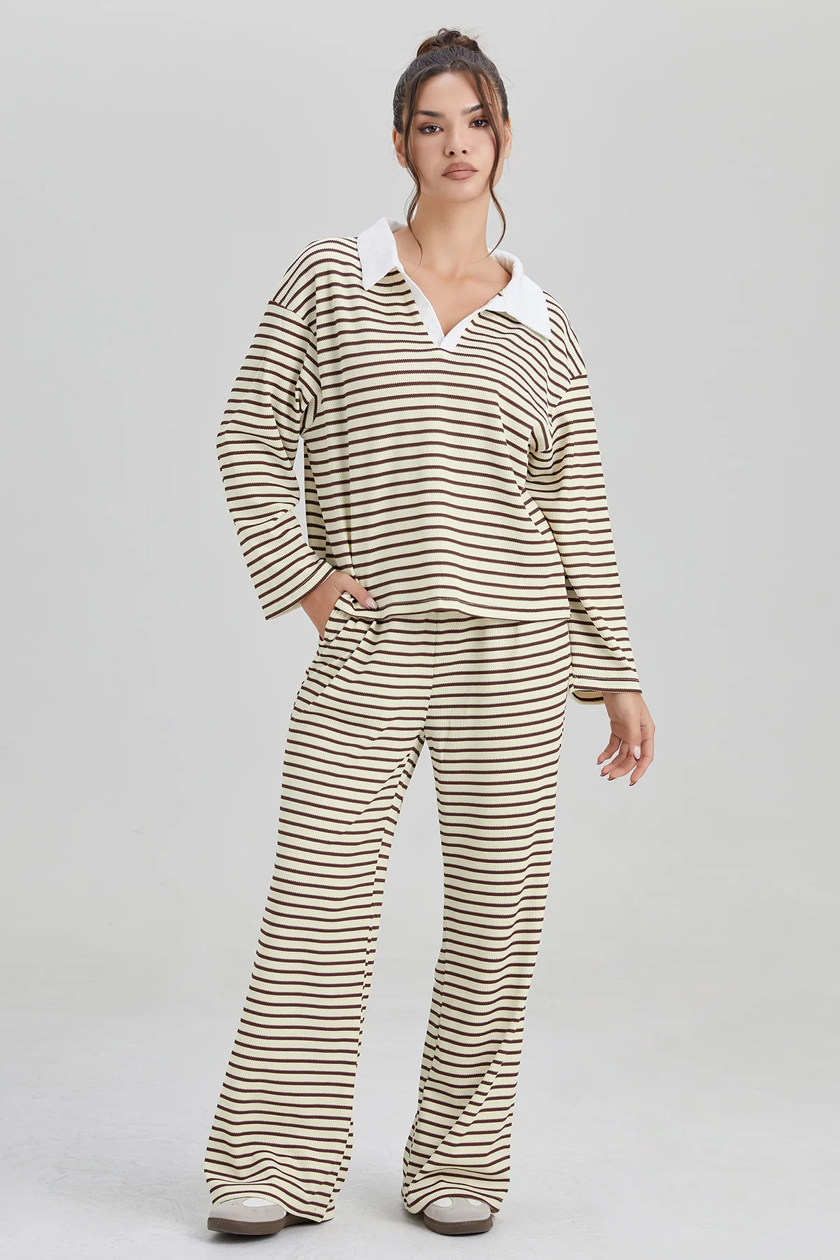 Katchme Classic V-Neck Stripe Long Sleeve Top & Wide Leg Trousers Co-ord Set - Image 3