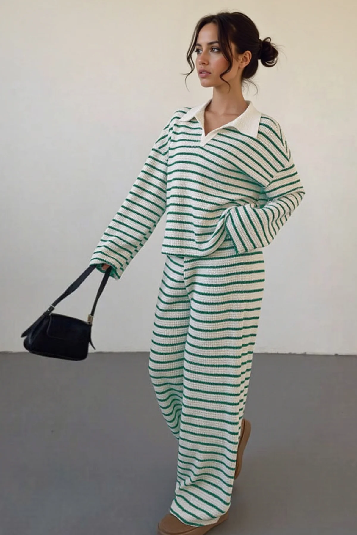 Katchme Classic V-Neck Stripe Long Sleeve Top & Wide Leg Trousers Co-ord Set - Image 5