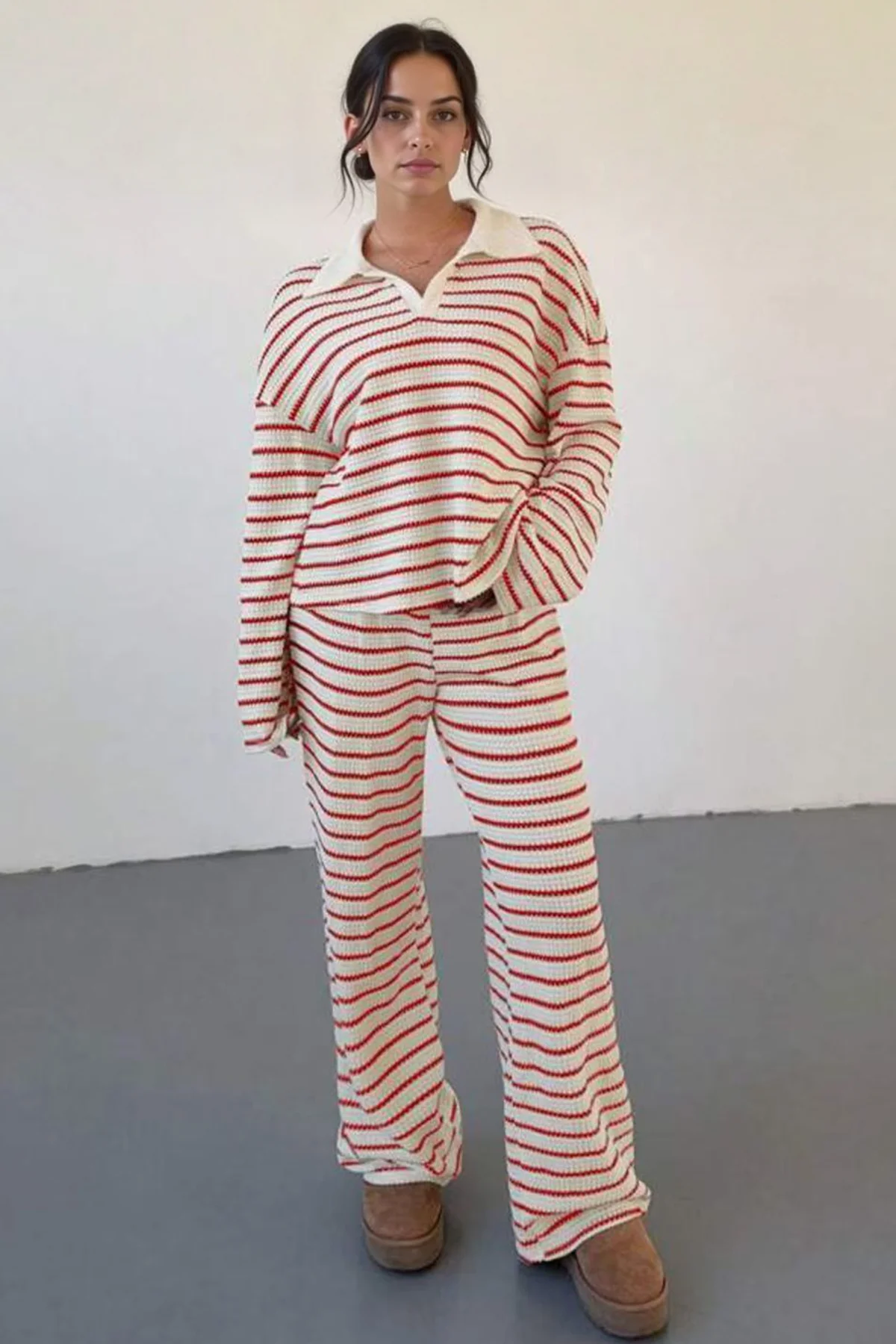 Katchme Classic V-Neck Stripe Long Sleeve Top & Wide Leg Trousers Co-ord Set - Image 7
