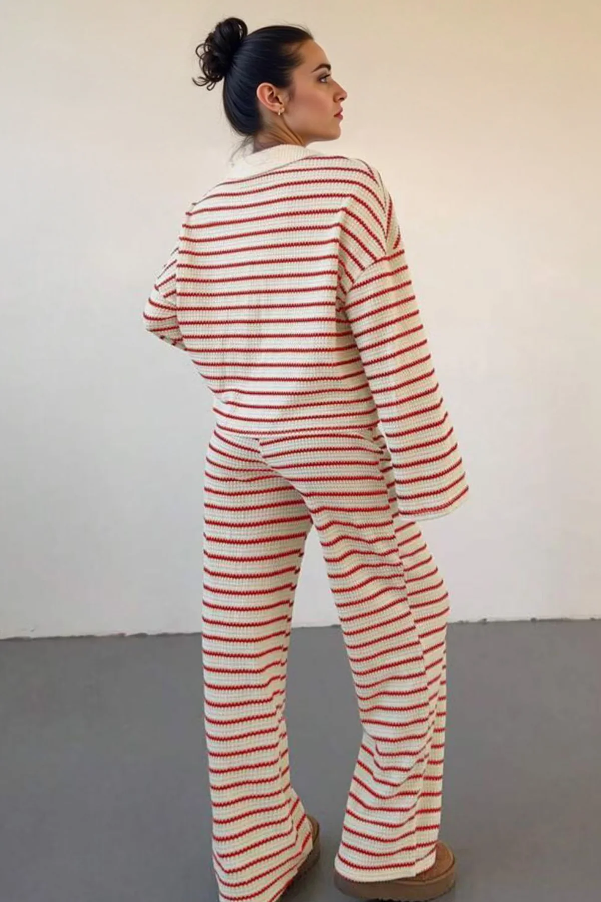Katchme Classic V-Neck Stripe Long Sleeve Top & Wide Leg Trousers Co-ord Set - Image 8