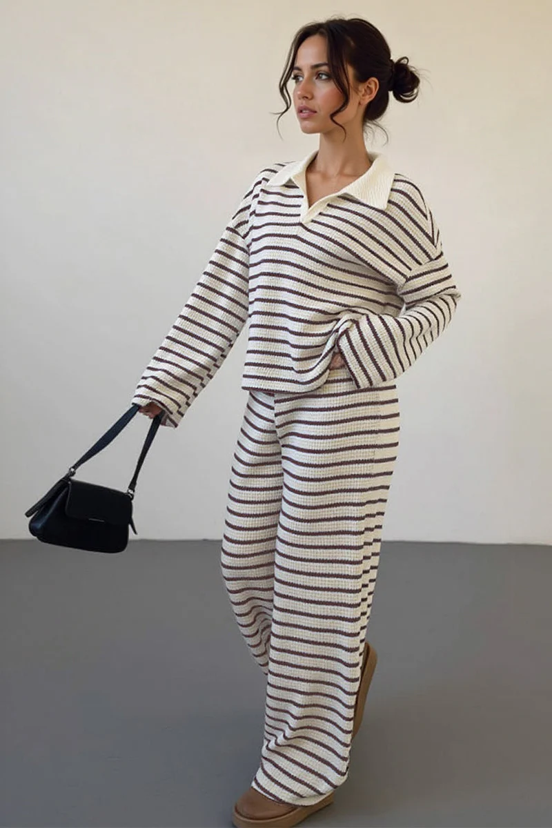 Katchme Classic V-Neck Stripe Long Sleeve Top & Wide Leg Trousers Co-ord Set - Image 9