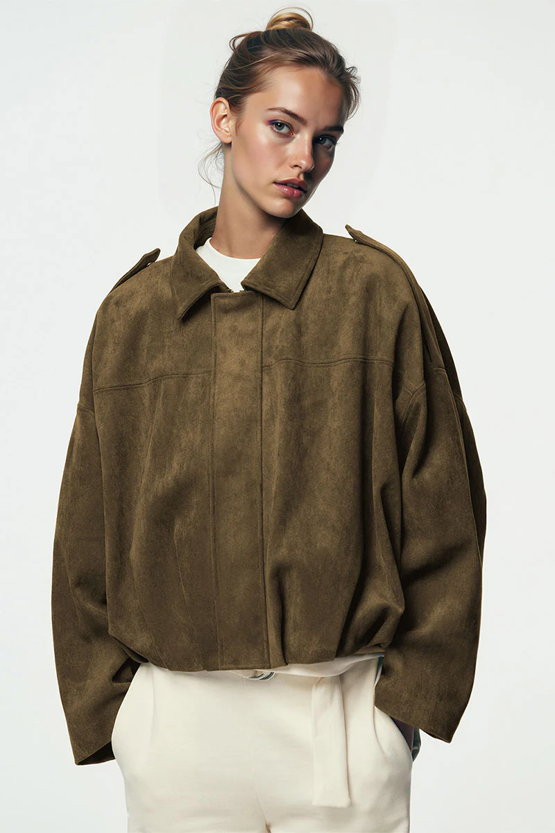 Katchme Vintage Oversized Suede Zipper Cropped Bomber Jacket - Image 11