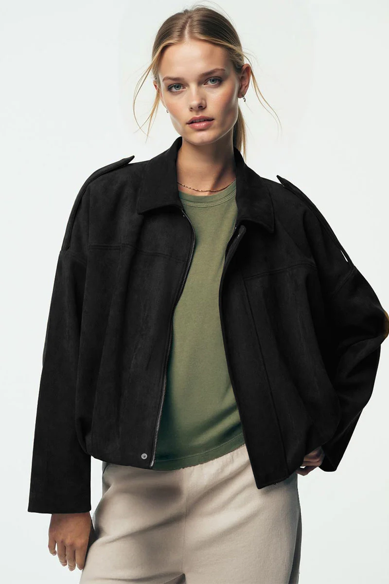 Katchme Vintage Oversized Suede Zipper Cropped Bomber Jacket - Image 12