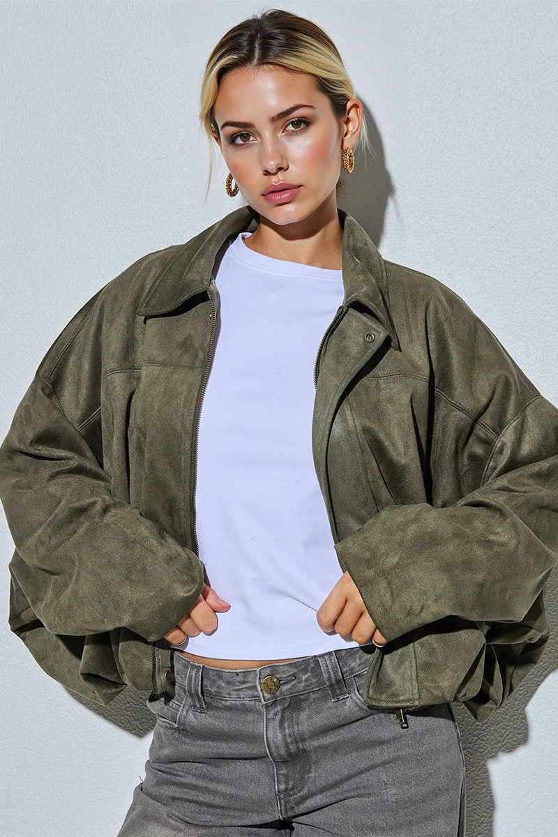 Katchme Vintage Oversized Suede Zipper Cropped Bomber Jacket - Image 13