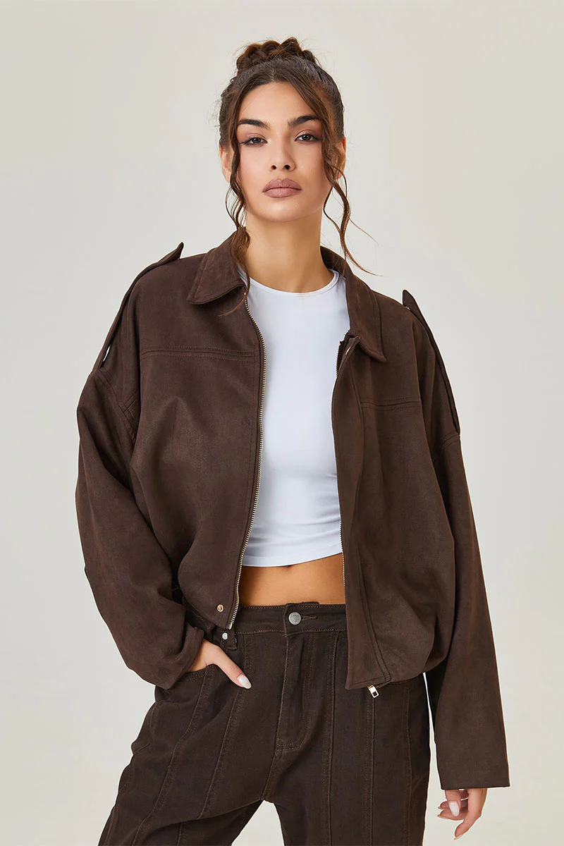 Katchme Vintage Oversized Suede Zipper Cropped Bomber Jacket - Image 3
