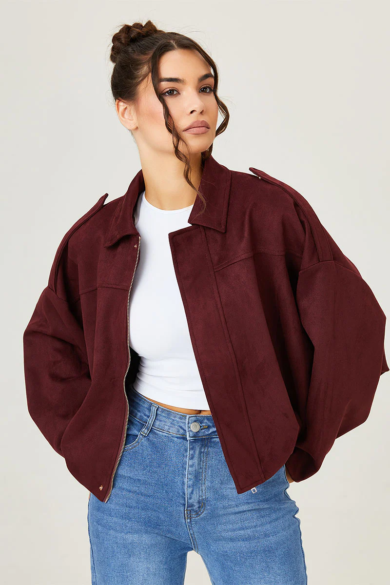 Katchme Vintage Oversized Suede Zipper Cropped Bomber Jacket - Image 5