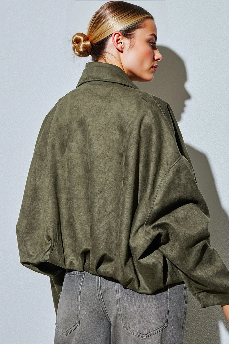 Katchme Vintage Oversized Suede Zipper Cropped Bomber Jacket - Image 7
