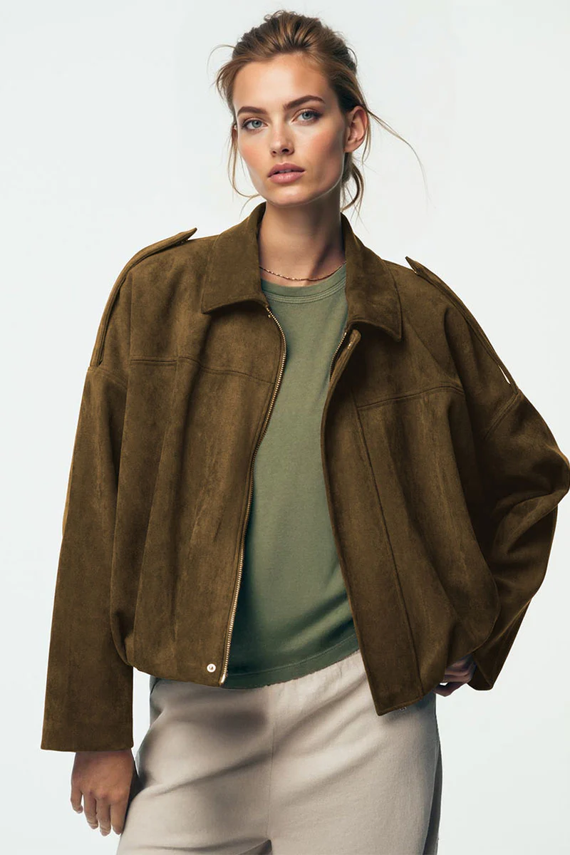 Katchme Vintage Oversized Suede Zipper Cropped Bomber Jacket - Image 8