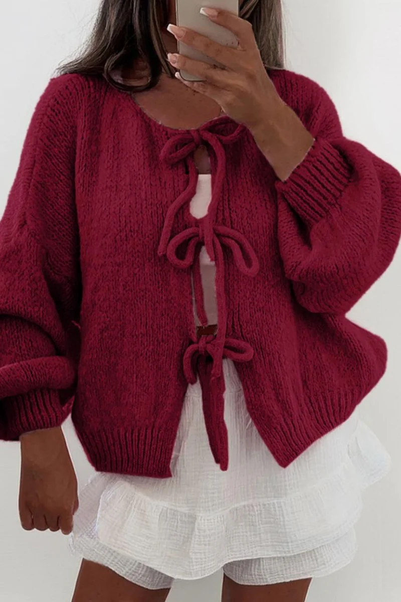Katchme Lightweight Knit Solid Color Tie Front Drop Shoulder Long Sleeve Cardigan - Image 3