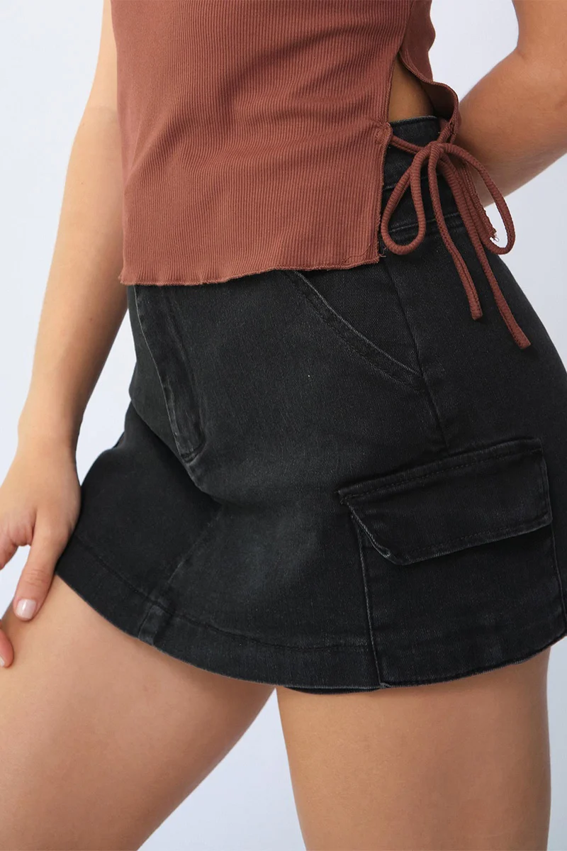 Katchme Comfort Soft Solid Color High Waist Cargo Pocket A Line Mini Skort - Image 6