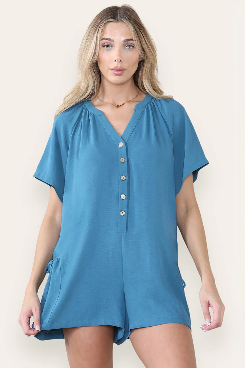 Katchme Plain V Neck Button-Up Drawstring Short Sleeve Side Pocket Playsuit