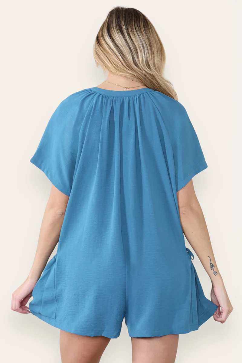 Katchme Plain V Neck Button-Up Drawstring Short Sleeve Side Pocket Playsuit - Image 2
