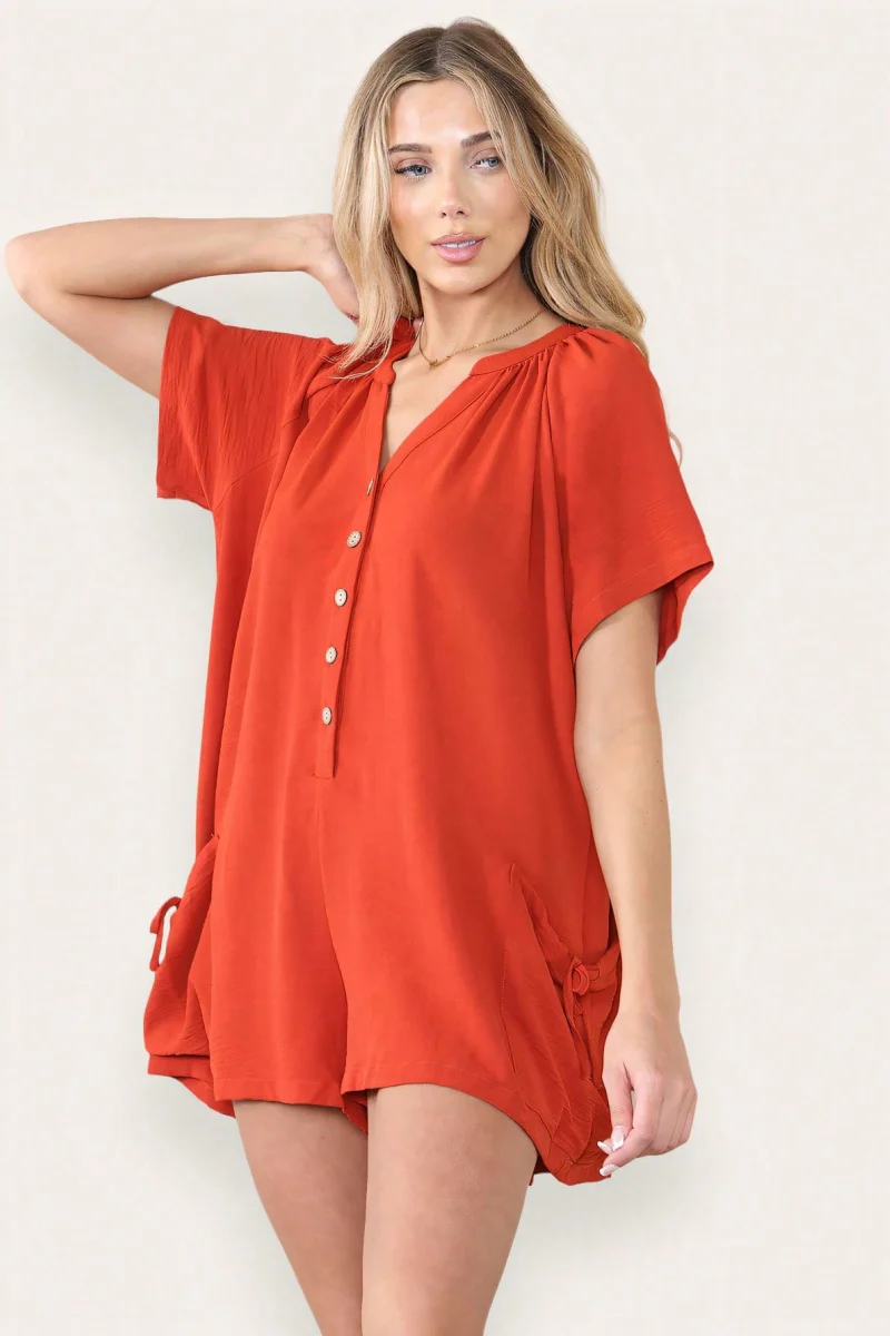 Katchme Plain V Neck Button-Up Drawstring Short Sleeve Side Pocket Playsuit - Image 3