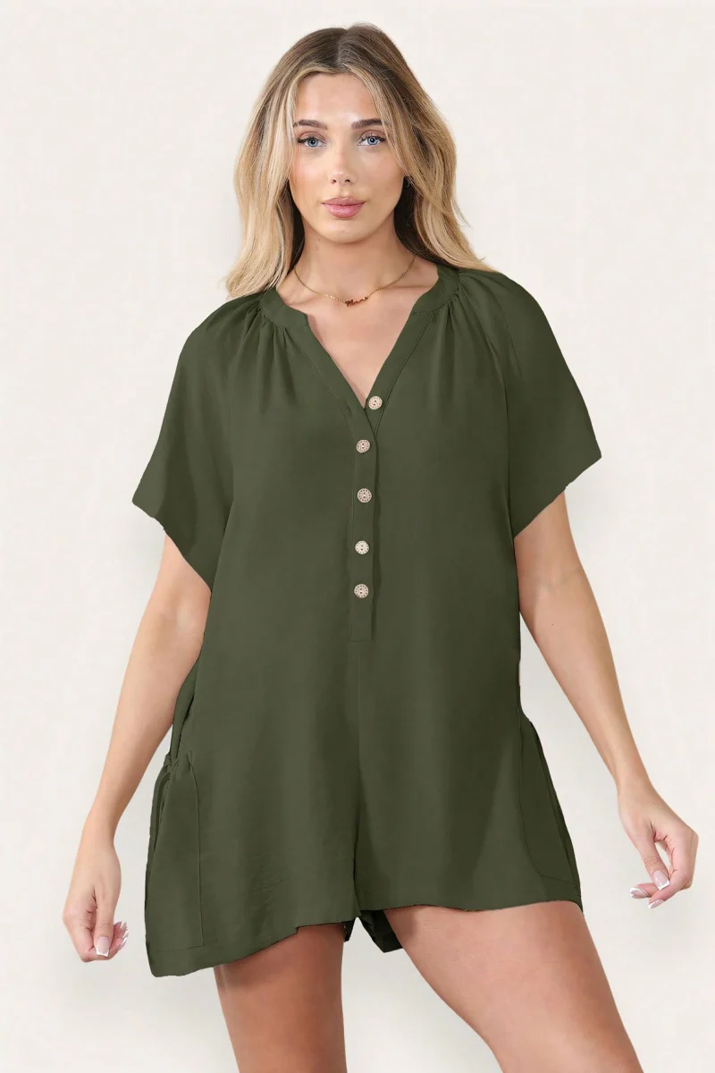 Katchme Plain V Neck Button-Up Drawstring Short Sleeve Side Pocket Playsuit - Image 9