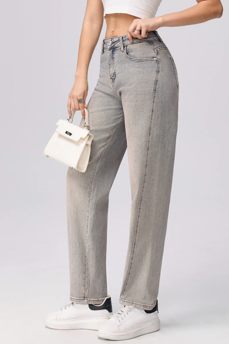 Katchme Washed Denim Mid-Rise Multi-Pocket Straight Leg Loose Jeans