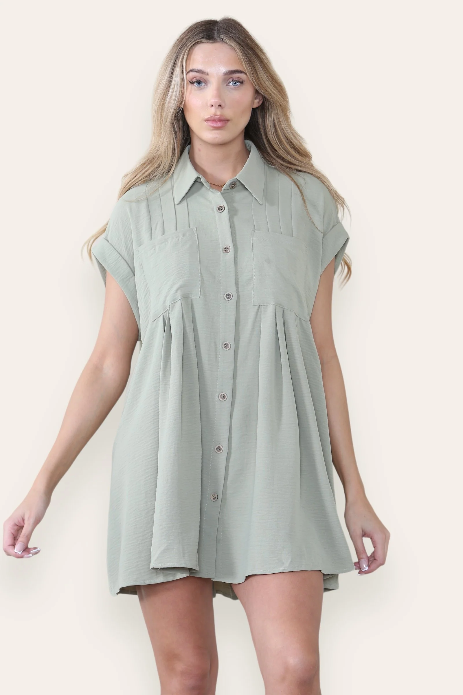 Leisure Collared Short Sleeve Button-Up Ruched Shirtdress - Image 9